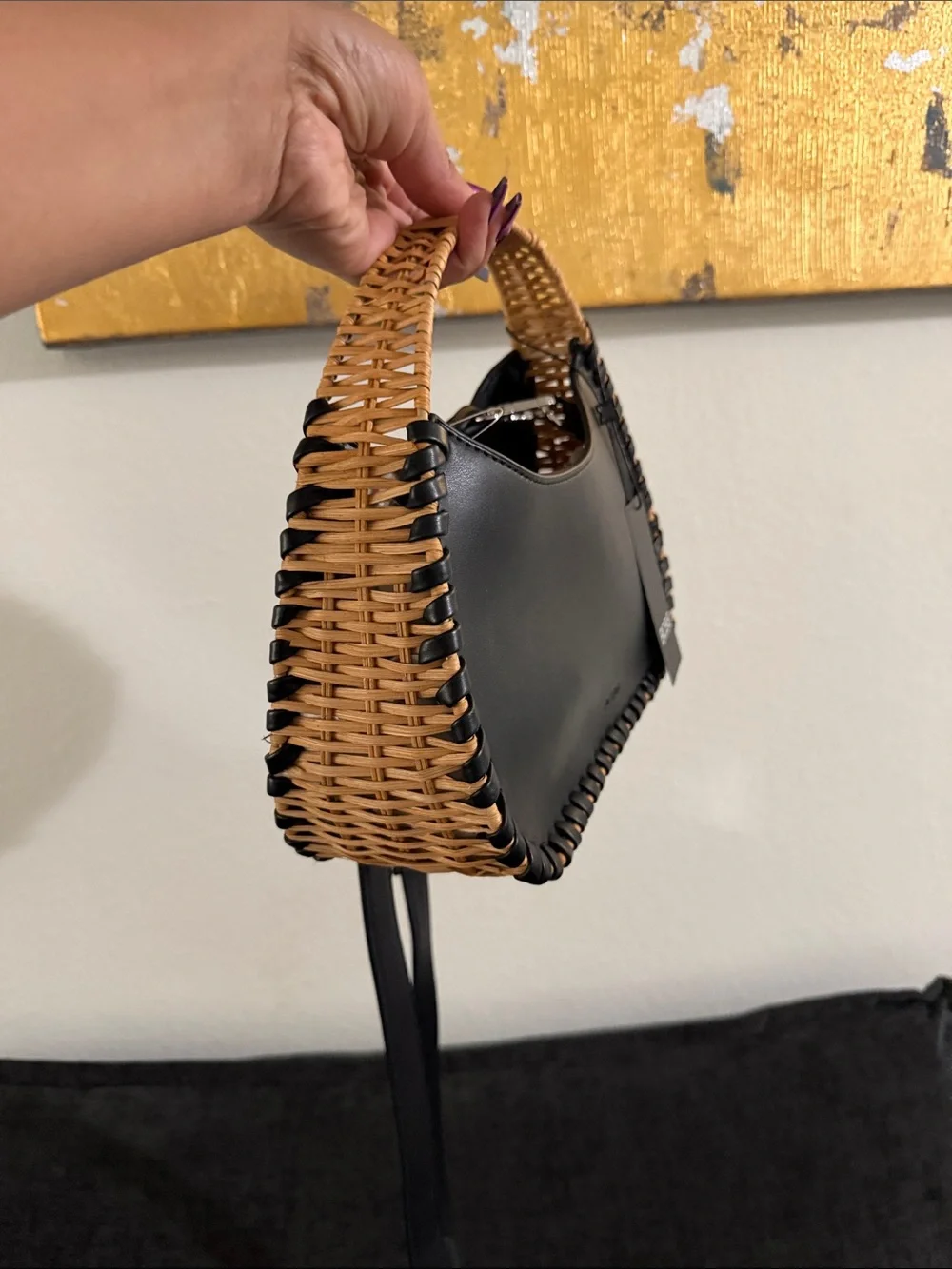 BCBG Black Hobo Bag with Tan Woven Handle
